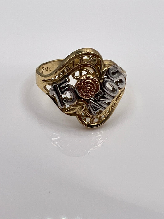 14K Tri-Color Gold Sweet 15 Anos  Flower Quincenera Ring